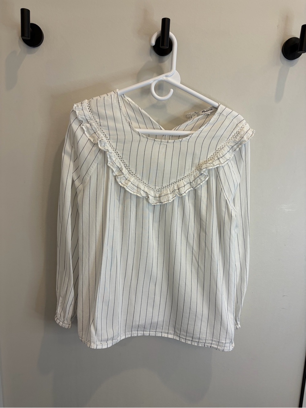 Madewell White Striped Ruffle Yoke Blouse